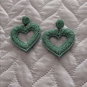 Elegant Green Beaded Heart Earrings